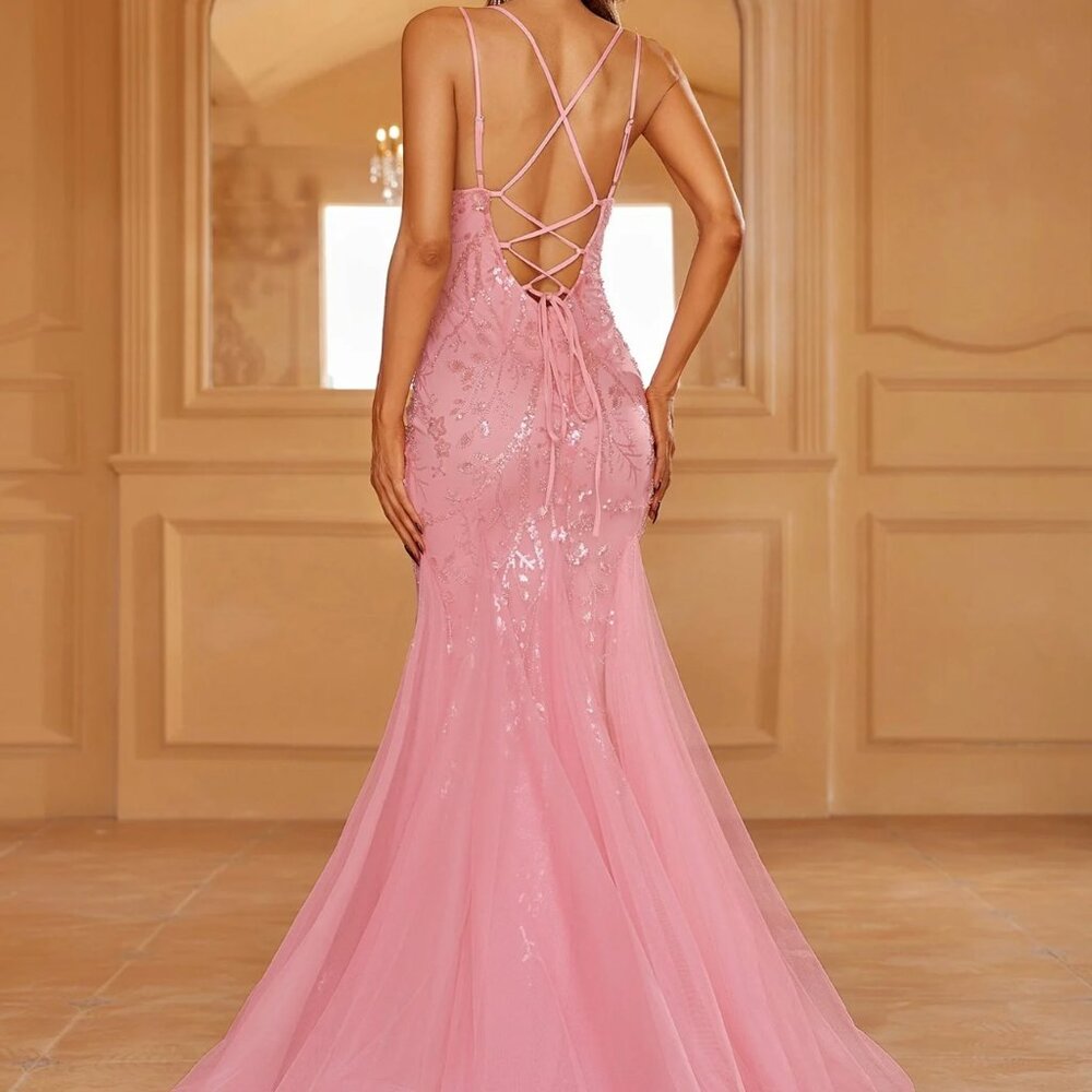 Corset Backless Sequin Mermaid Prom/Formal Dress. Pink. Sz Small. NWT (3278)